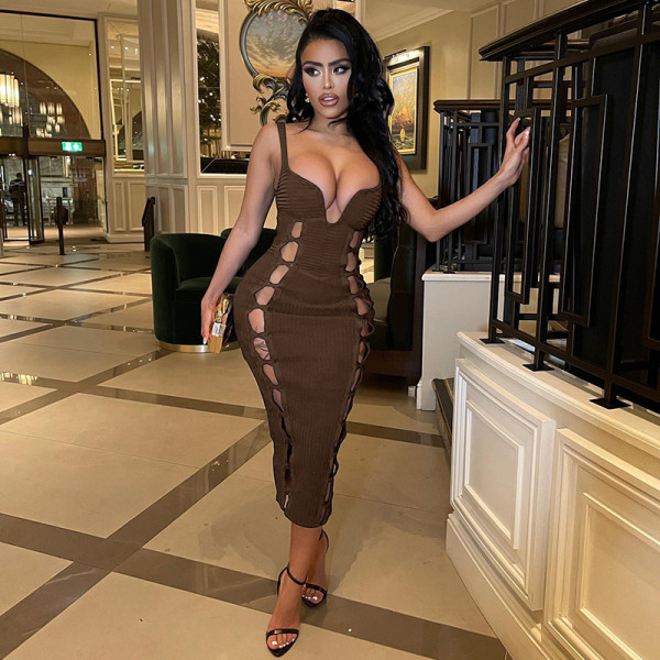 Solid color thread cutout nightclub sexy dress