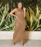 Women's Solid Color Sleeveless Jacquard Knit Fringe Beach Dress