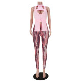 Nightclub Fashion Banding Hollow Vest Slit Print Pants Set