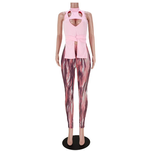 Nightclub Fashion Banding Hollow Vest Slit Print Pants Set