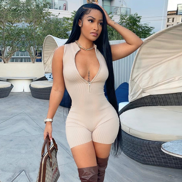 Women's Sexy Pit Strip Solid Color Zipper Sleeveless Tight Shorts Jumpsuit Women