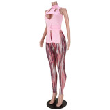 Nightclub Fashion Banding Hollow Vest Slit Print Pants Set