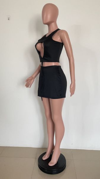 Black culottes suit hollow vest solid color two-piece suit