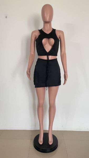 Black culottes suit hollow vest solid color two-piece suit
