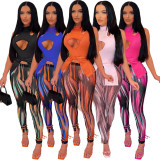 Nightclub Fashion Banding Hollow Vest Slit Print Pants Set