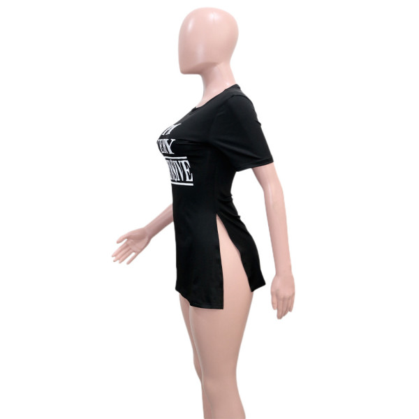 Personality fashion women's big chest letter printing short-sleeved T-shirt slit top summer