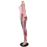 Nightclub Fashion Banding Hollow Vest Slit Print Pants Set