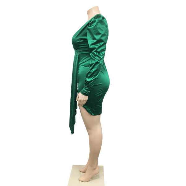 Fashion Solid Color Plus Size Women's Deep V Long Sleeve Front Hem Mid Skirt Dress Women