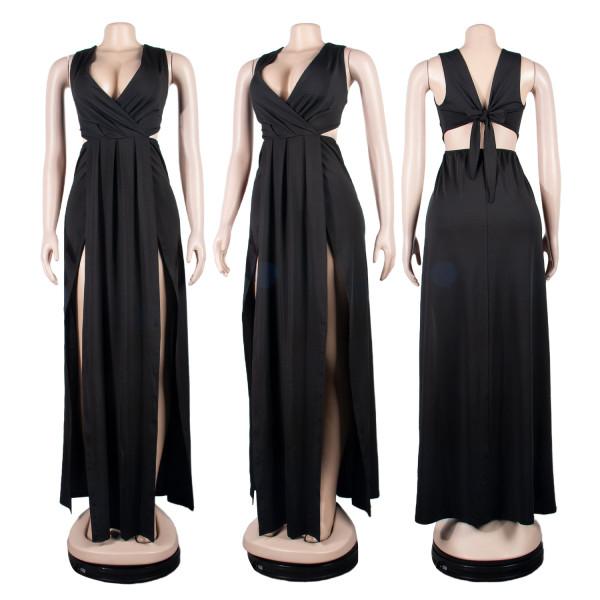 Sexy split open back strap deep V one-piece nightclub dress