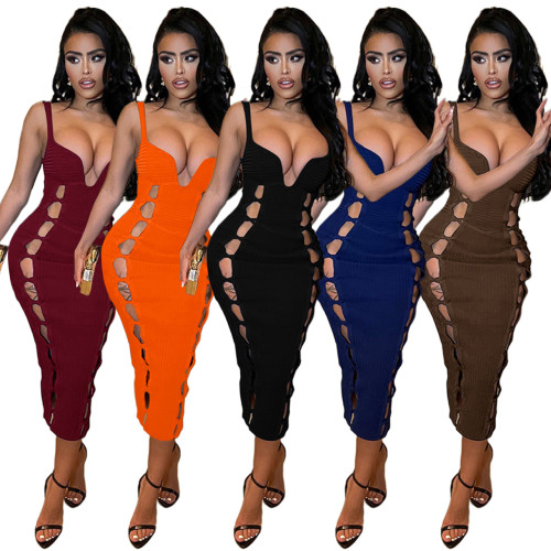 Solid color thread cutout nightclub sexy dress