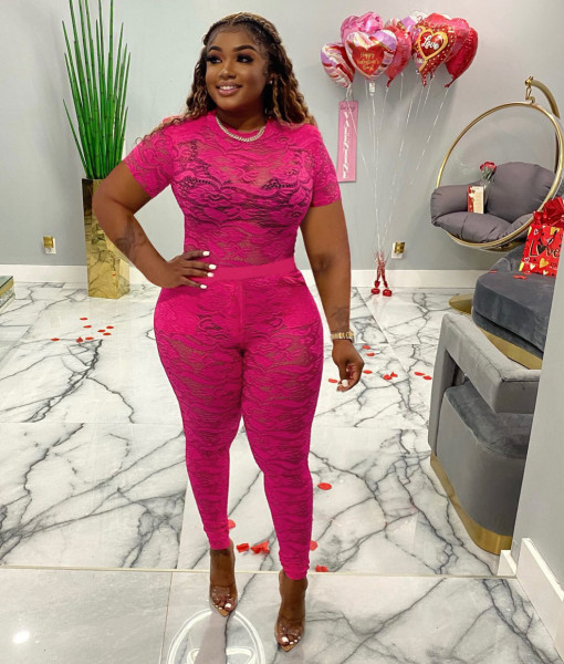 Large size spring and summer short-sleeved see-through nightclub lace two-piece suit