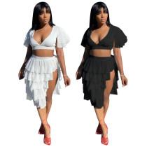 Large size solid color low-cut puff sleeve top two-piece cake tutu skirt suit Large size solid color low-cut puff sleeve top two-piece cake tutu skirt suit