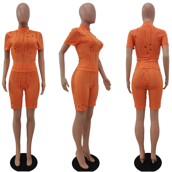Ladies Fashion Casual Knitted Hole Short Sleeve 4 Colors Two Piece Set