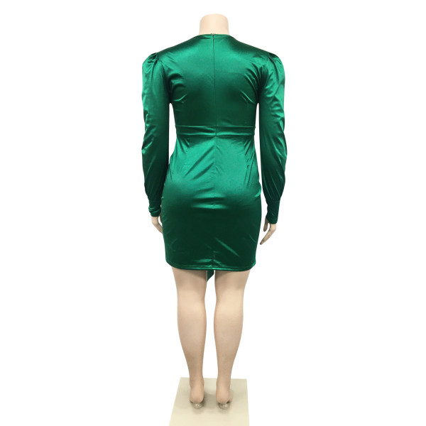 Fashion Solid Color Plus Size Women's Deep V Long Sleeve Front Hem Mid Skirt Dress Women