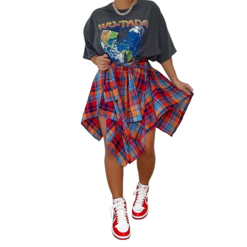 Nightclub Fashion Irregular Plaid Tie-Sleeve Fake Shirt Skirt