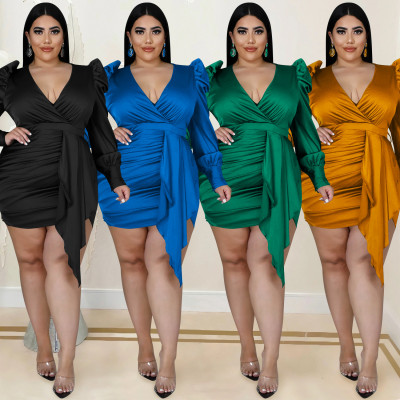 Fashion Solid Color Plus Size Women's Deep V Long Sleeve Front Hem Mid Skirt Dress Women
