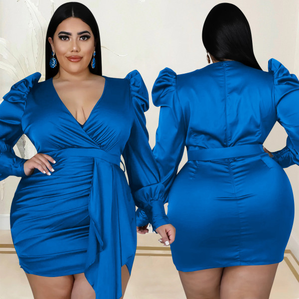 Fashion Solid Color Plus Size Women's Deep V Long Sleeve Front Hem Mid Skirt Dress Women