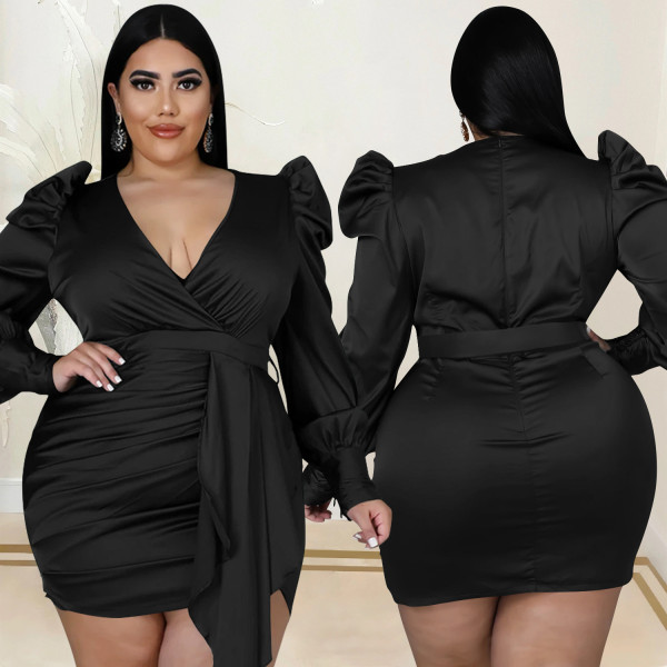 Fashion Solid Color Plus Size Women's Deep V Long Sleeve Front Hem Mid Skirt Dress Women