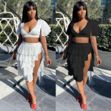 Large size solid color low-cut puff sleeve top two-piece cake tutu skirt suit