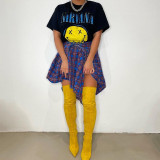 Nightclub Fashion Irregular Plaid Tie-Sleeve Fake Shirt Skirt