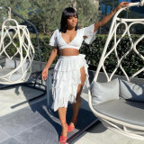 Large size solid color low-cut puff sleeve top two-piece cake tutu skirt suit