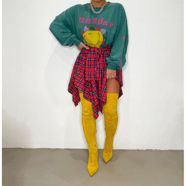 Nightclub Fashion Irregular Plaid Tie-Sleeve Fake Shirt Skirt