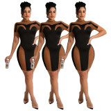 Women's Spring/Summer Sexy Mesh Panel Short Sleeve Dress