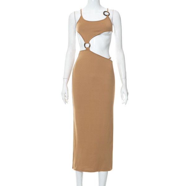 Solid Color Casual Cutout Open Back Ring Sling Long Dress