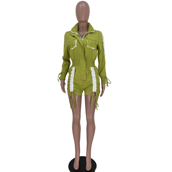 Women's New Patchwork Drawstring Tie Cargo Long Sleeve Jumpsuit