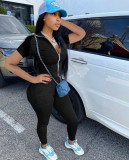 Women's Summer Leisure Zipper Sports Suit Solid Color Short Sleeve Two Piece Set
