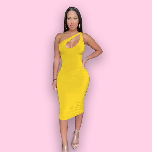 Solid Color Slanted Shoulder Dress