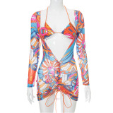 Printed Long Sleeve Ruched Tie Mesh Sheer Two-Piece Set