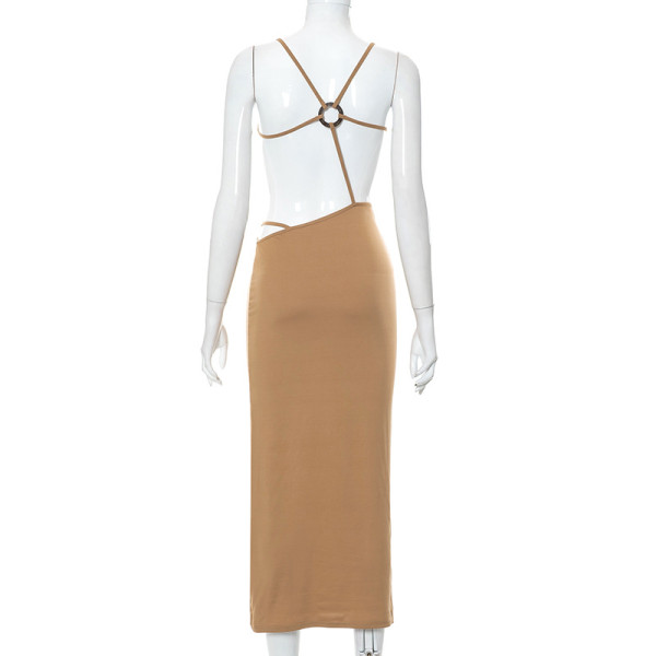 Solid Color Casual Cutout Open Back Ring Sling Long Dress