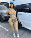 Women's Summer Leisure Zipper Sports Suit Solid Color Short Sleeve Two Piece Set