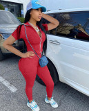 Women's Summer Leisure Zipper Sports Suit Solid Color Short Sleeve Two Piece Set