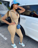 Women's Summer Leisure Zipper Sports Suit Solid Color Short Sleeve Two Piece Set
