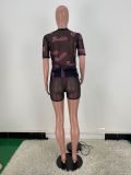 Alphabet print mesh perspective sexy two-piece set