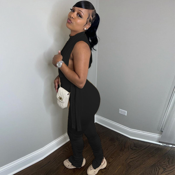 Sexy Women's Clothes Cutout Pleated Pants Two-Piece Set
