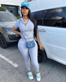 Women's Summer Leisure Zipper Sports Suit Solid Color Short Sleeve Two Piece Set