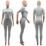 Women's Summer Leisure Zipper Sports Suit Solid Color Short Sleeve Two Piece Set