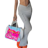 Solid Casual High Waist Pocket Pleated Slim Skirt