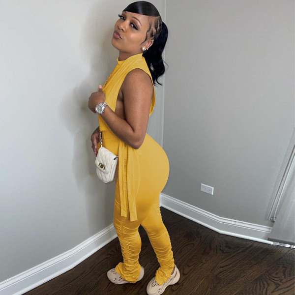 Sexy Women's Clothes Cutout Pleated Pants Two-Piece Set