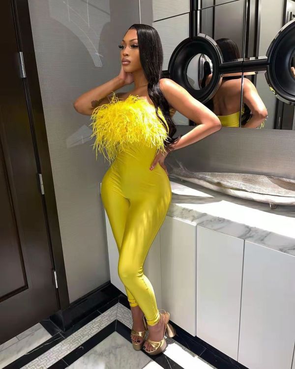 Ostrich Hair One Shoulder Tight Sexy Ladies Jumpsuit