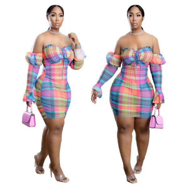 Fashion Printed Sheer Mesh One Shoulder Nightclub Dress