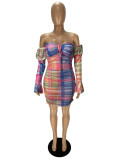 Fashion Printed Sheer Mesh One Shoulder Nightclub Dress