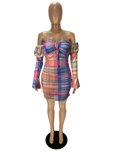 Fashion Printed Sheer Mesh One Shoulder Nightclub Dress