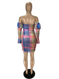 Fashion Printed Sheer Mesh One Shoulder Nightclub Dress