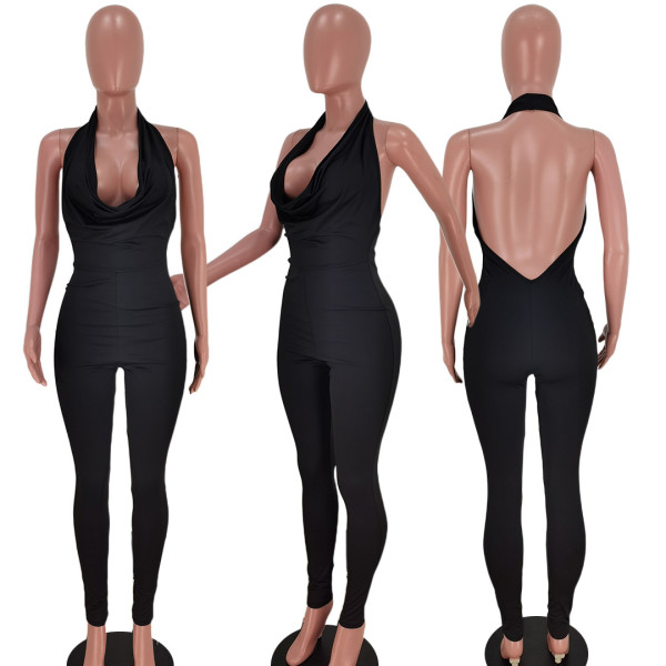 Women's Backless Deep V Halter Sexy Jumpsuit