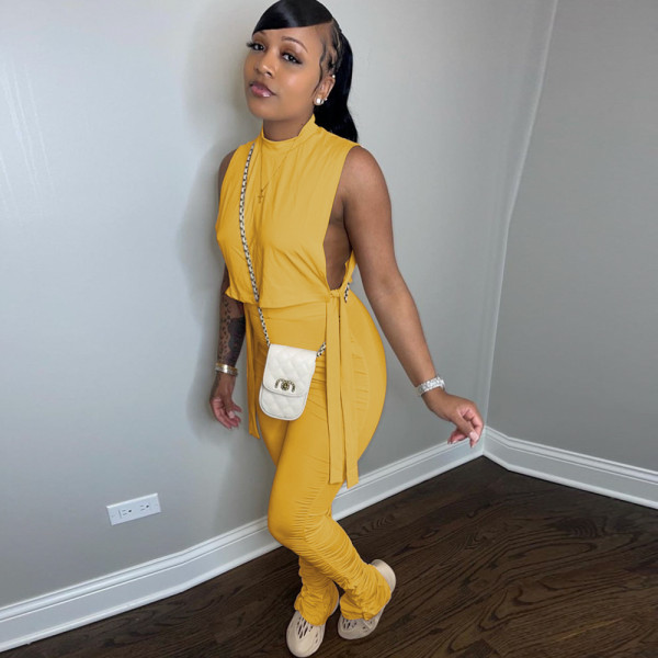 Sexy Women's Clothes Cutout Pleated Pants Two-Piece Set