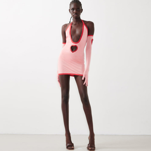 Heart Cutout Halter Neck Tie Backless Long Sleeve Short Dress